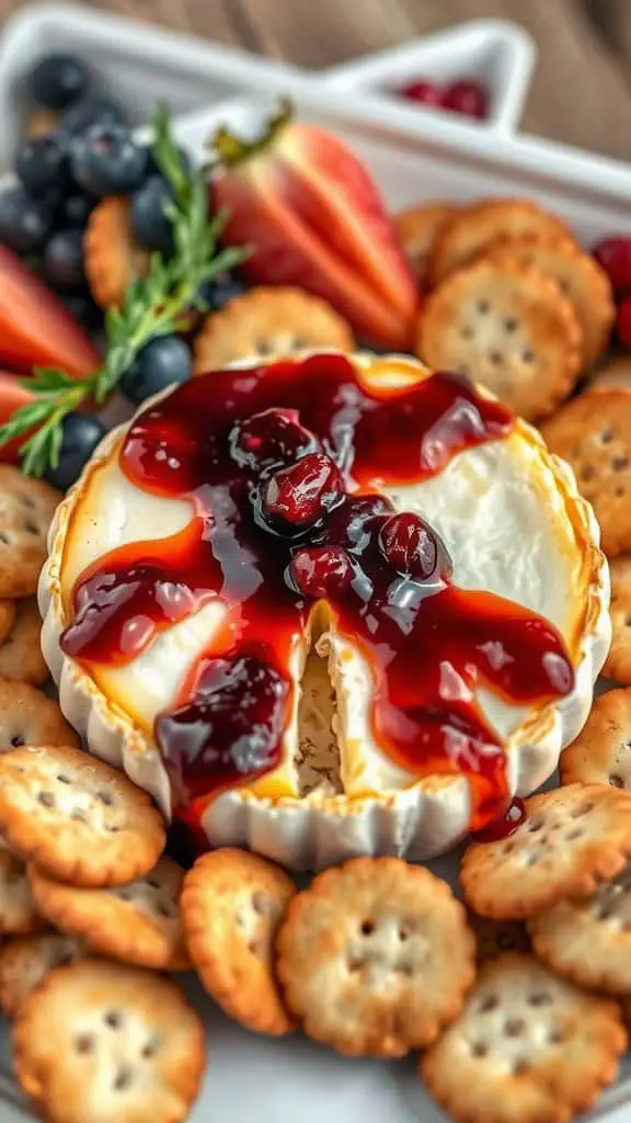 Baked brie topped with jam, surrounded by crackers and fresh fruit.