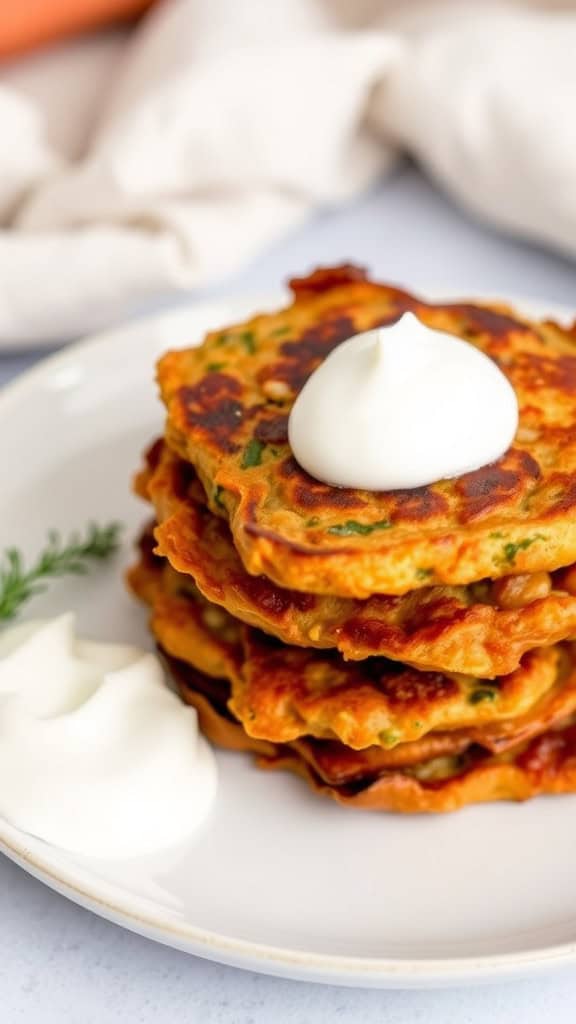 A plate of baked carrot and zucchini fritters stacked with a dollop of yogurt on top