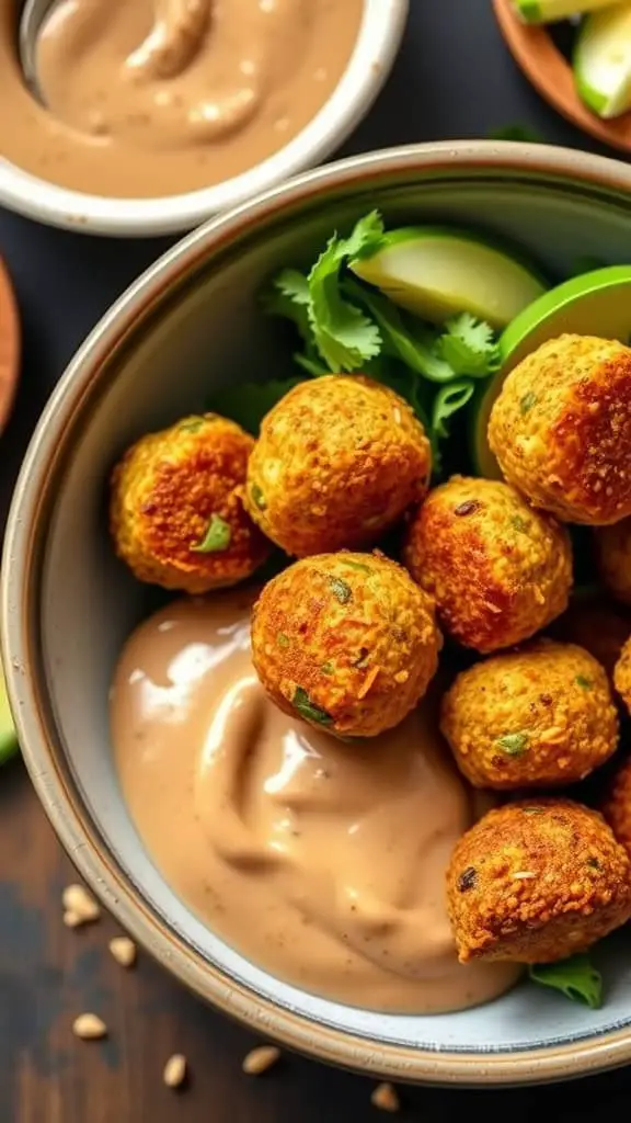 A bowl of baked falafel bites served with tahini sauce and garnished with fresh herbs.