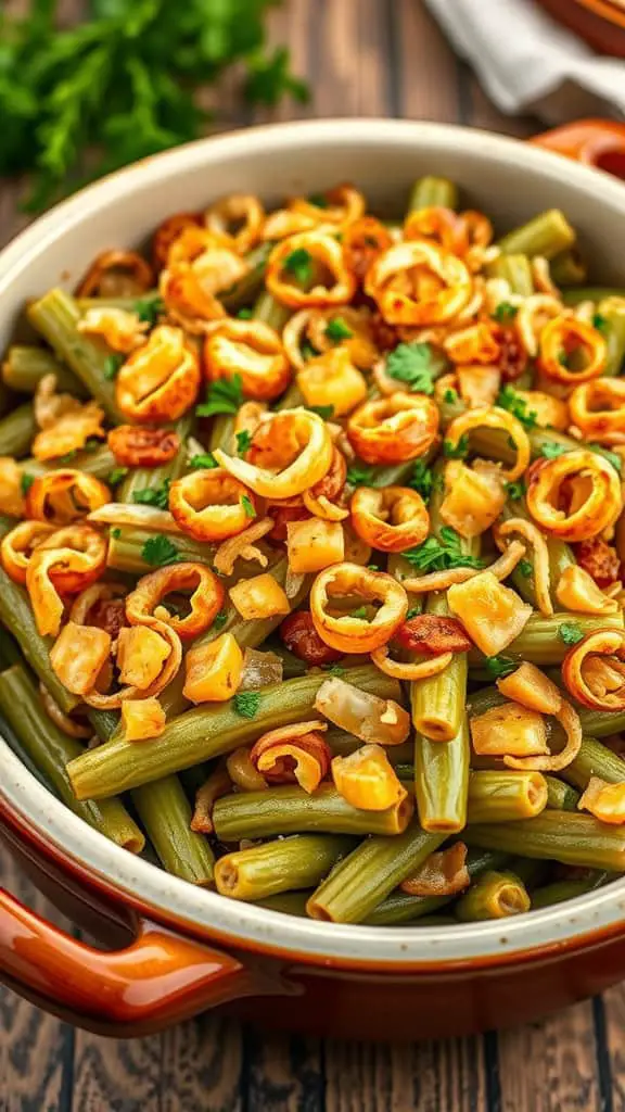 A delicious baked green bean casserole topped with crispy onion rings.