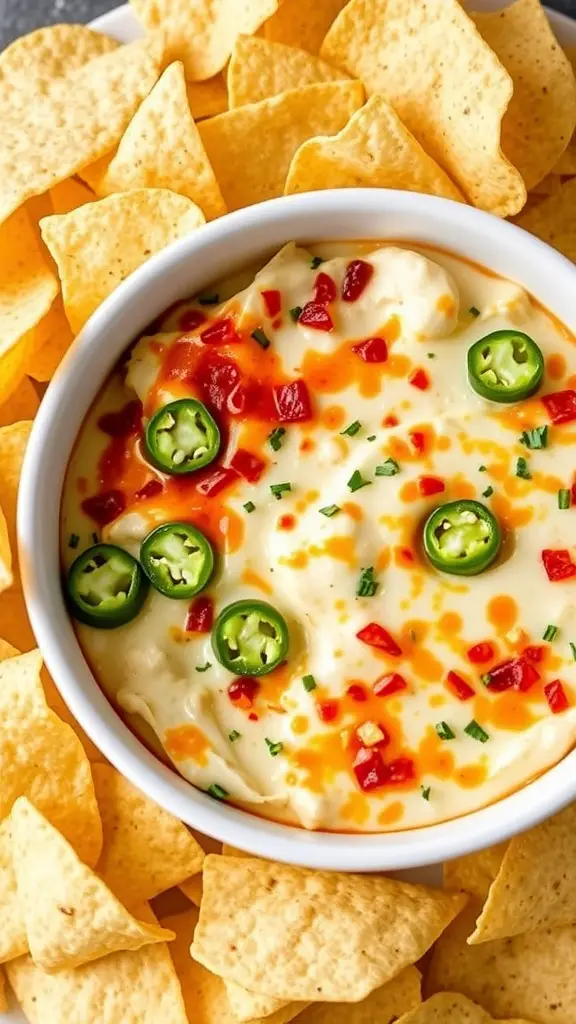 A bowl of Baked Jalapeño Popper Dip surrounded by tortilla chips