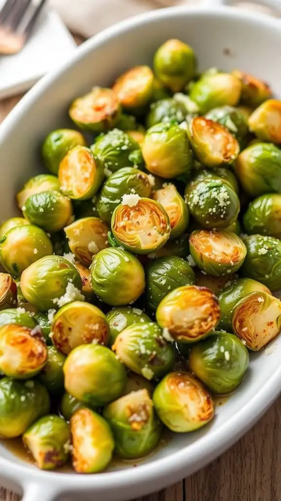 Baked Parmesan Garlic Brussels Sprouts in a white dish