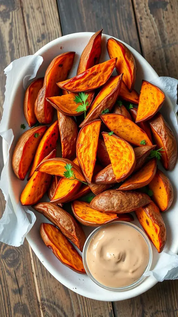 Baked sweet potato wedges served with a creamy dip