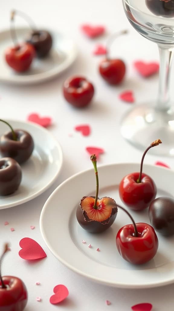 Balanced Dark Chocolate Cherry Bites arranged on plates with heart decorations