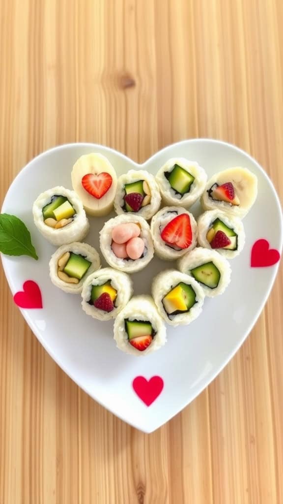 Heart-shaped plate with banana sushi rolls filled with fruits.