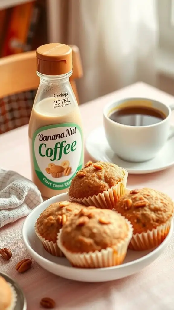 A cozy breakfast scene with a bottle of Banana Nut Coffee Creamer, a cup of black coffee, and muffins on a table.