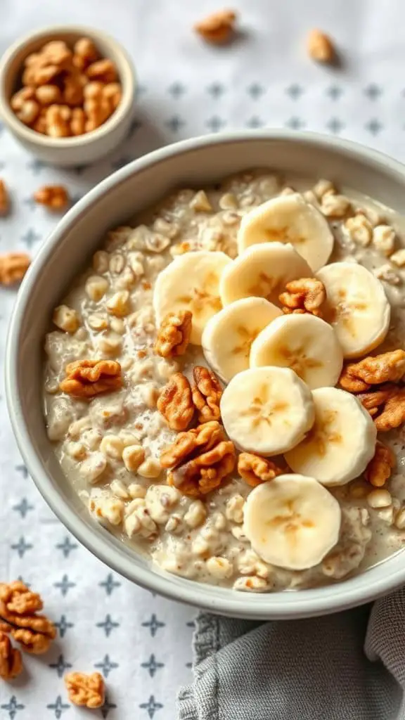 A serving of banana nut cottage cheese oats topped with banana slices and walnuts.