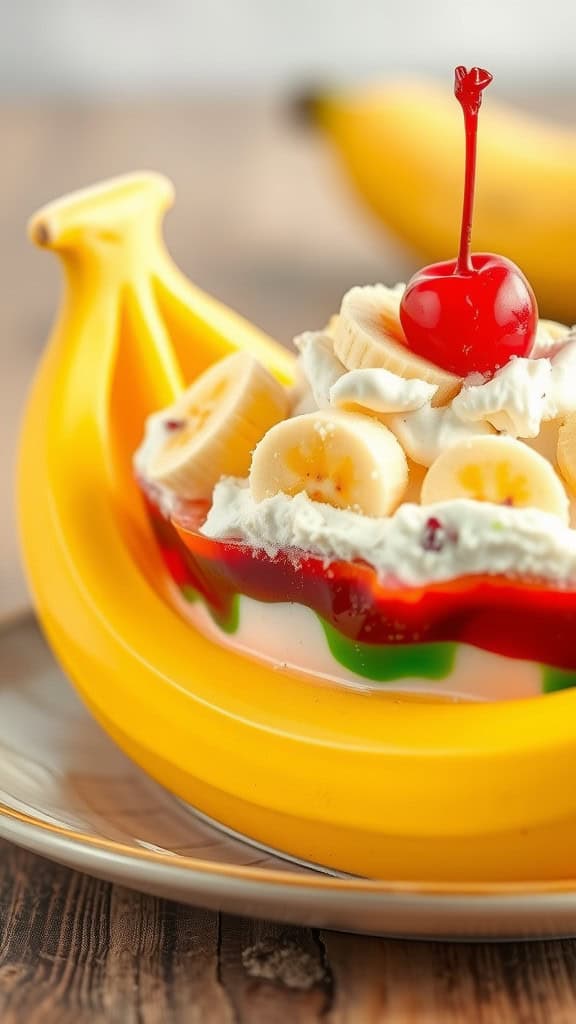 A colorful Banana Split Jello Salad in a banana-shaped dish topped with whipped cream, bananas, and a cherry.