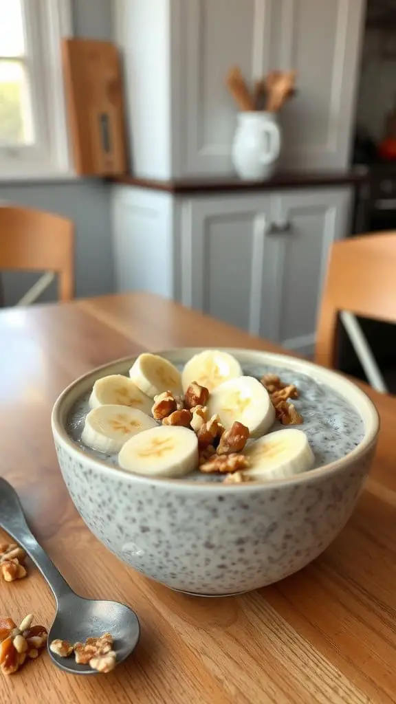 A rustic bowl of chia pudding topped with banana slices, crushed walnuts, and a drizzle of maple syrup.