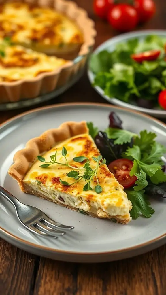 A slice of cottage cheese quiche served with a side salad and cherry tomatoes.