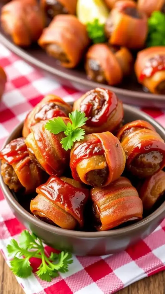 Bowl of BBQ bacon-wrapped meatballs with parsley garnish on a red and white checkered tablecloth