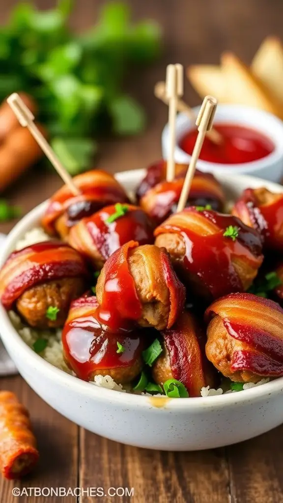 A bowl of BBQ bacon-wrapped meatballs garnished with sauce and herbs, served with a side of ketchup.