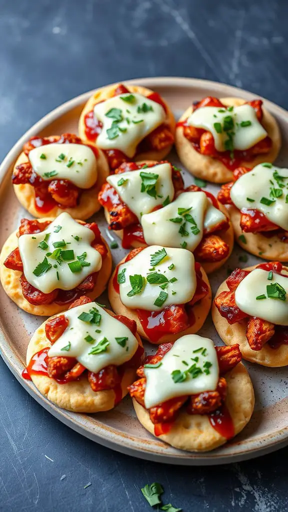 A plate of BBQ chicken flatbread bites topped with cheese and herbs.