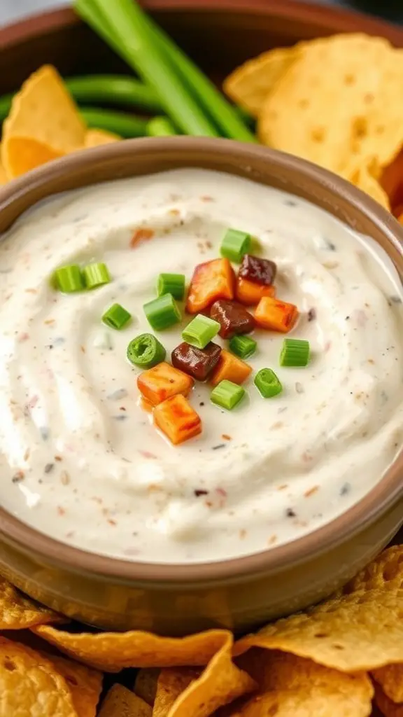 BBQ Chicken Ranch Dip with tortilla chips and green onions