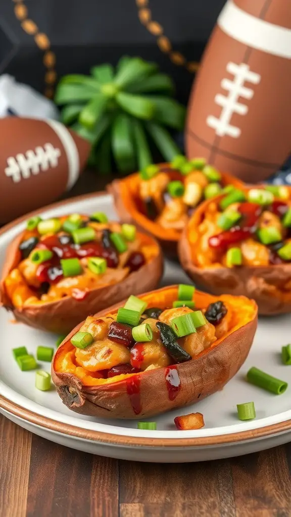 BBQ chicken stuffed sweet potatoes topped with green onions, served on a plate with football decorations