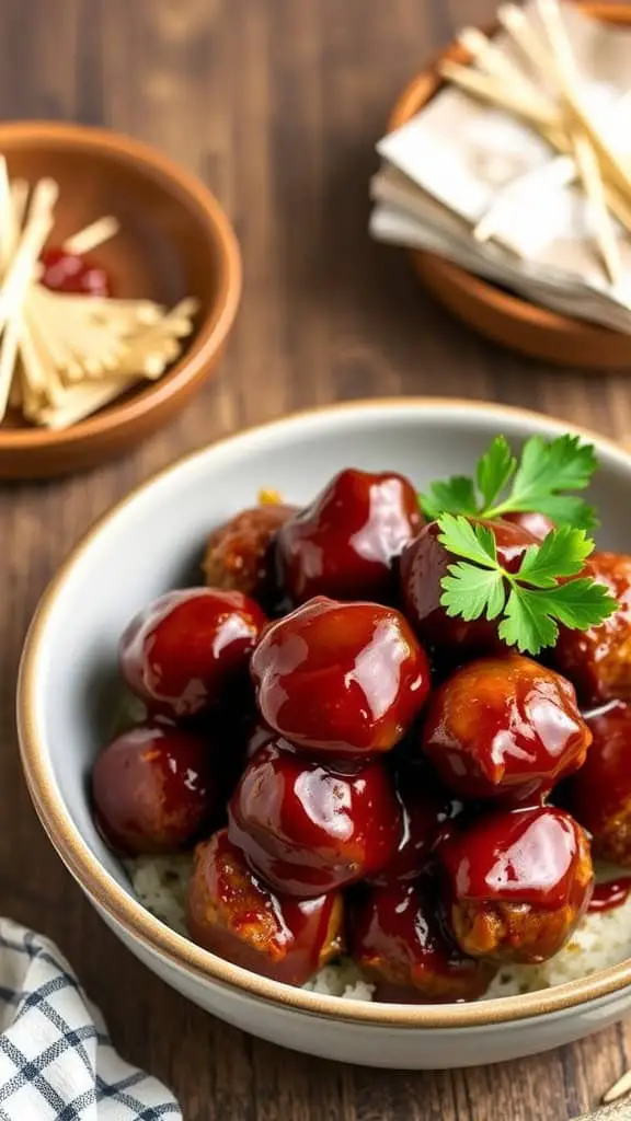 A bowl of BBQ meatballs garnished with parsley, surrounded by smaller bowls of dipping sauce and toothpicks.