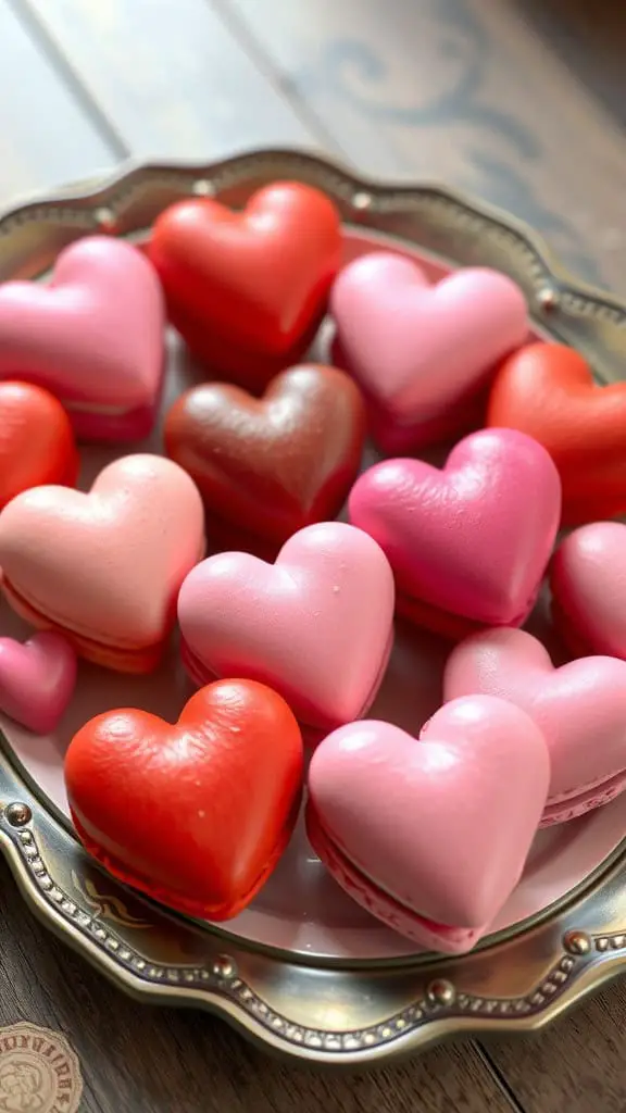 A plate of heart-shaped macarons in various shades of pink, red, and brown, perfect for Valentine's Day.