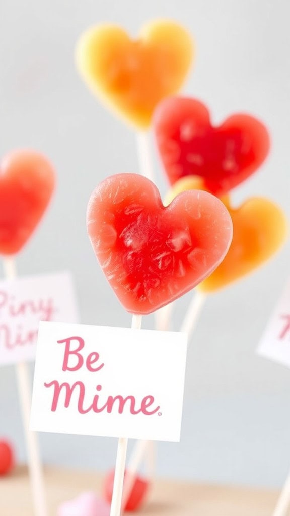 Heart-shaped melon pops with sticks, labeled 'Be Mine'