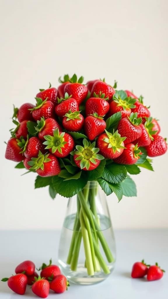 A stunning bouquet of fresh red strawberries in a glass vase.