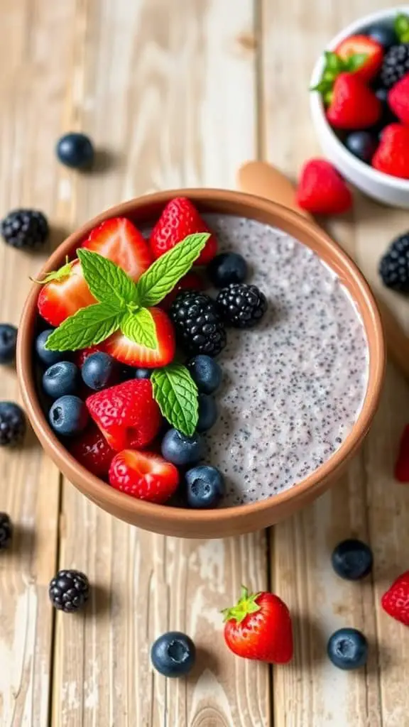 A bowl of chia pudding topped with mixed berries and mint leaves on a wooden table.
