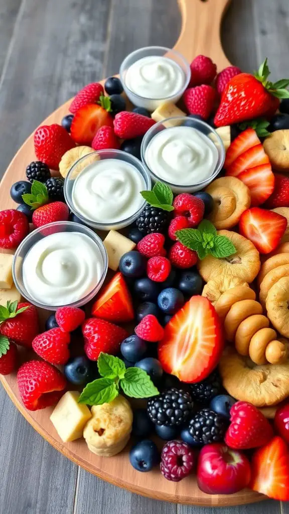 A vibrant dessert spread featuring a variety of fresh berries, creamy yogurt, and pastry twists arranged on a wooden board.