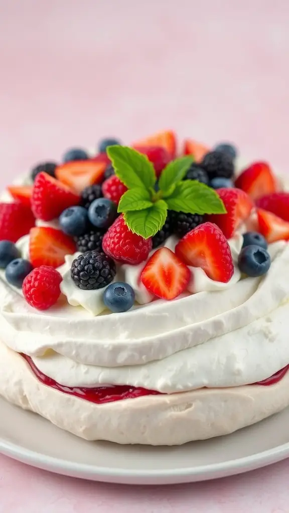 A beautiful Berry Bliss Pavlova topped with strawberries, blueberries, raspberries, and mint leaves on a pink background.