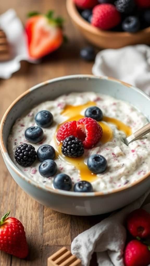 A bowl of overnight oats topped with fresh berries and a drizzle of honey.