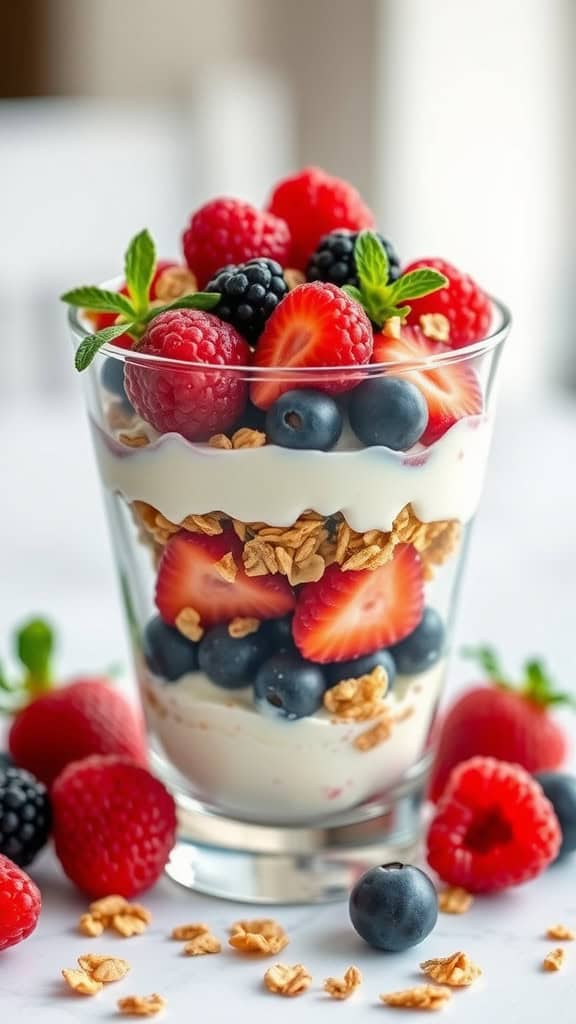 A delicious berry cottage cheese breakfast parfait with layers of cottage cheese, strawberries, blueberries, and granola.