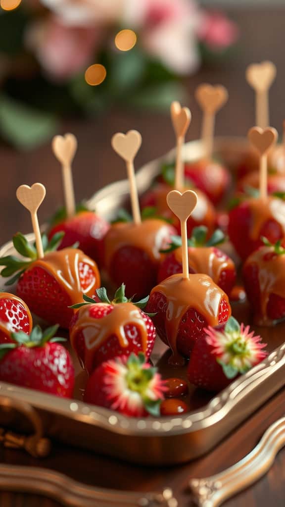 A tray of caramel-drizzled strawberries with heart-shaped picks