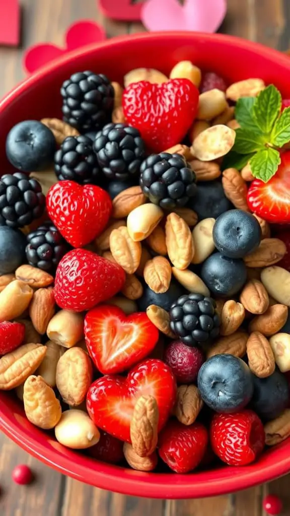 A vibrant bowl filled with strawberries, blueberries, blackberries, and assorted nuts.