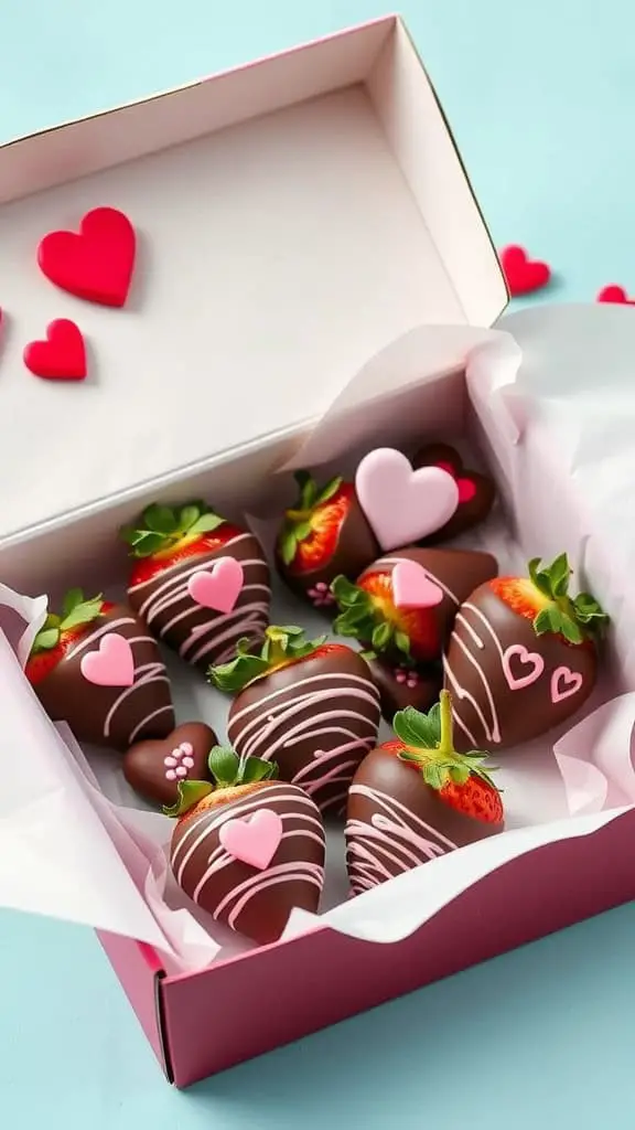 A beautiful box of chocolate-covered strawberries decorated for Valentine's Day with hearts and pink drizzle.