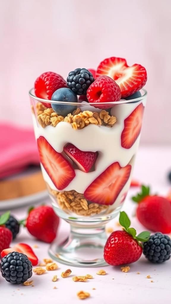 A beautiful glass of berry parfaits filled with yogurt, granola, and fresh strawberries, blueberries, and blackberries.