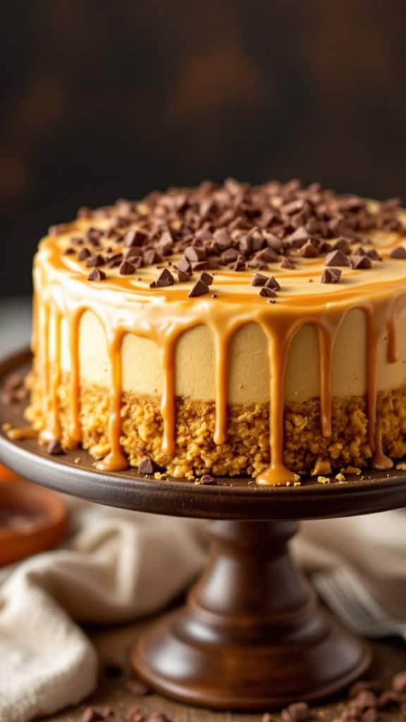 A beautifully layered Pumpkin Crunch Cake topped with chocolate chips and caramel drizzle