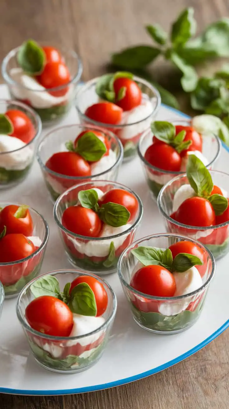 Bite-sized Caprese salad cups with cherry tomatoes, mozzarella, and basil