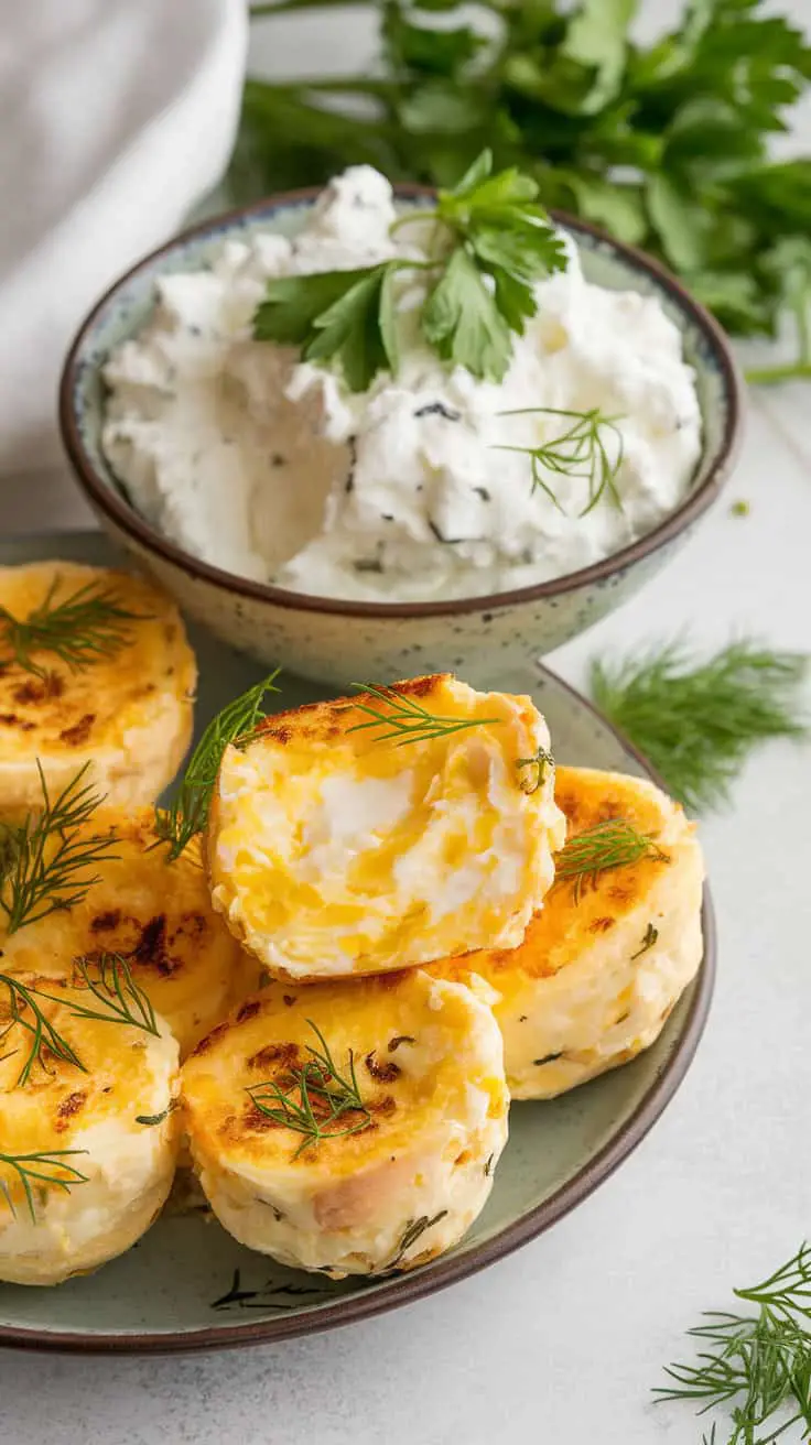 Bite-sized cottage cheese egg bites on a plate with a bowl of creamy cottage cheese.