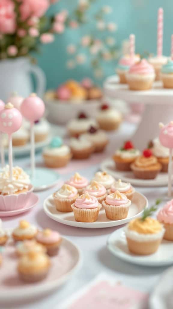 A display of various bite-sized gluten-free treats for a baby shower, including mini cupcakes and cake pops, set against a pastel background.