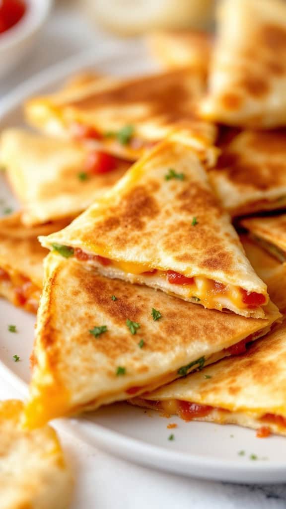 A plate of bite-sized quesadilla wedges with a crispy golden brown crust, garnished with parsley.