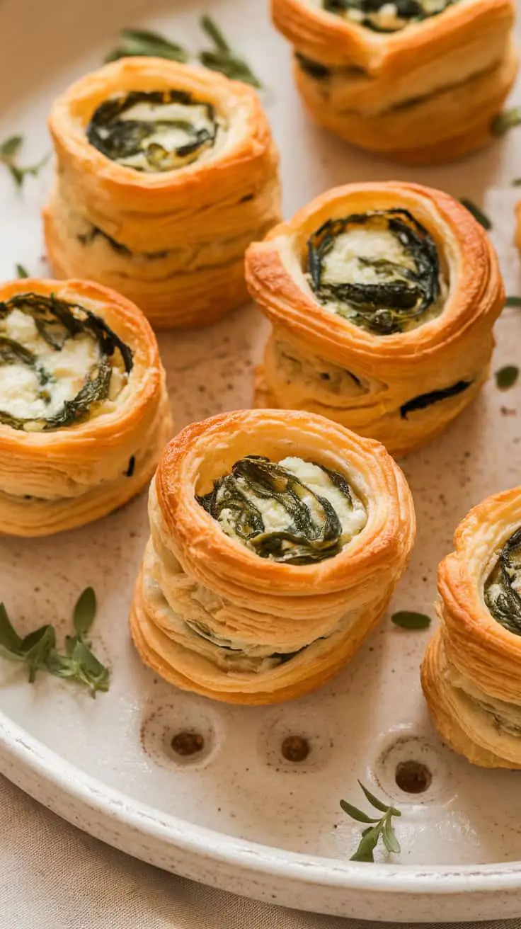 A plate of bite-sized spinach and feta puffs, golden and flaky with a spiraled design, garnished with fresh herbs.