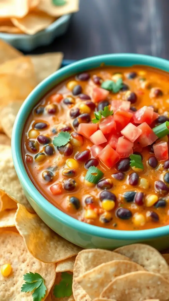 A vibrant bowl of Black Bean & Corn Fiesta Dip topped with tomatoes and cilantro, surrounded by tortilla chips.