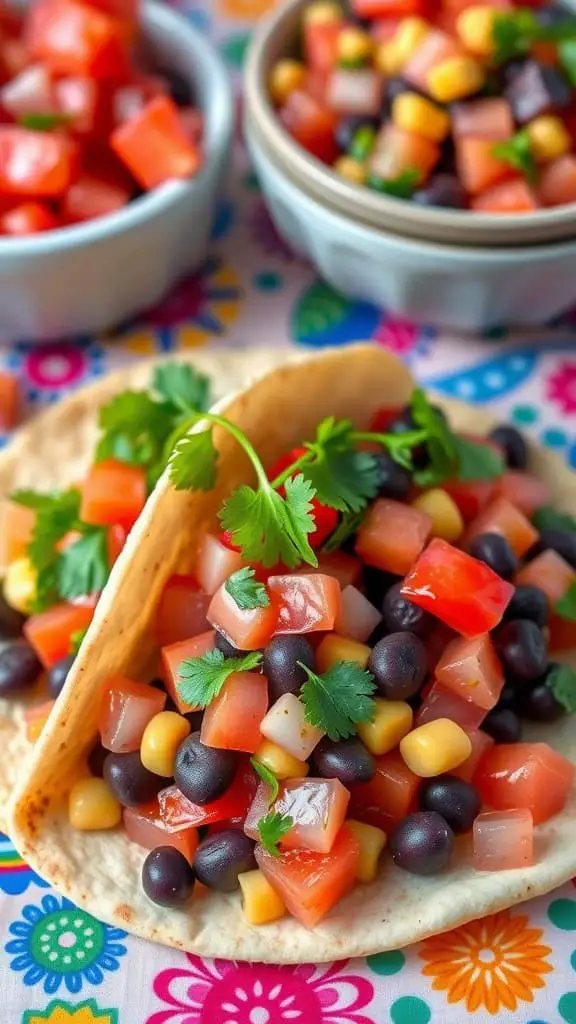 Black Bean and Corn Salsa Pita Tacos with fresh cilantro on a floral tablecloth.