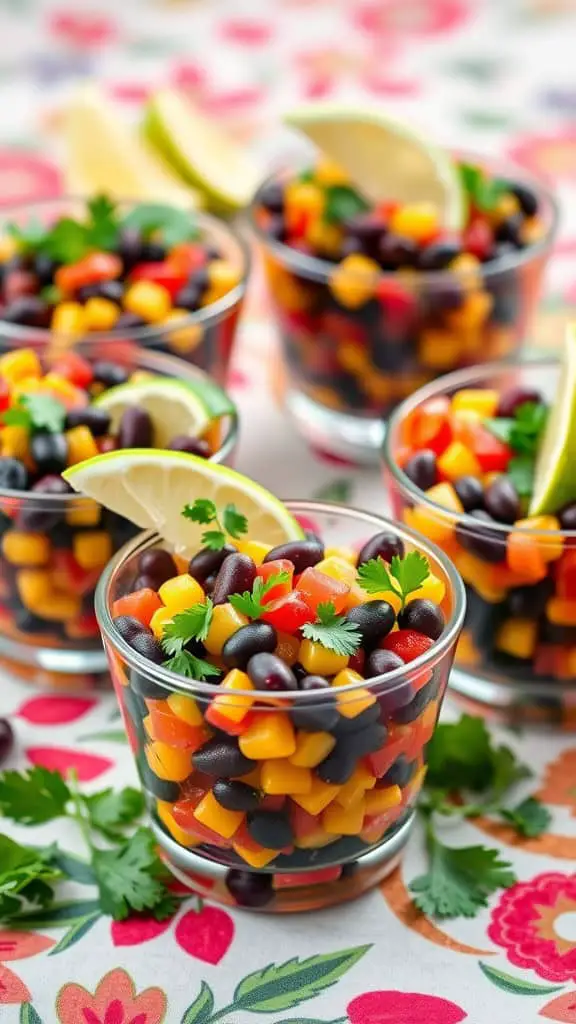 Colorful black bean and corn salsa cups with lime and cilantro on a floral tablecloth.