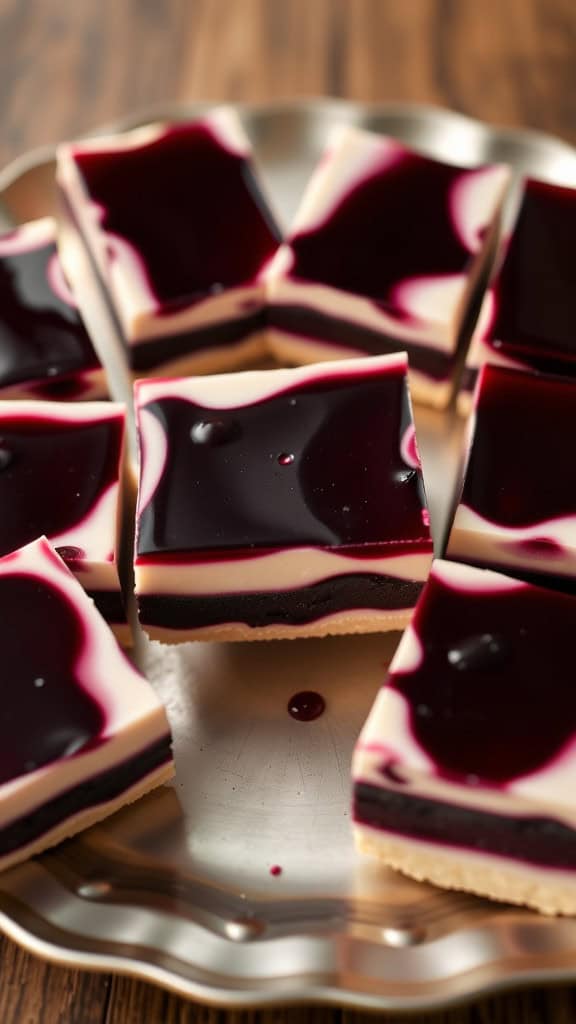 Delicious Black Cherry and Cream Jello Bars on a silver tray