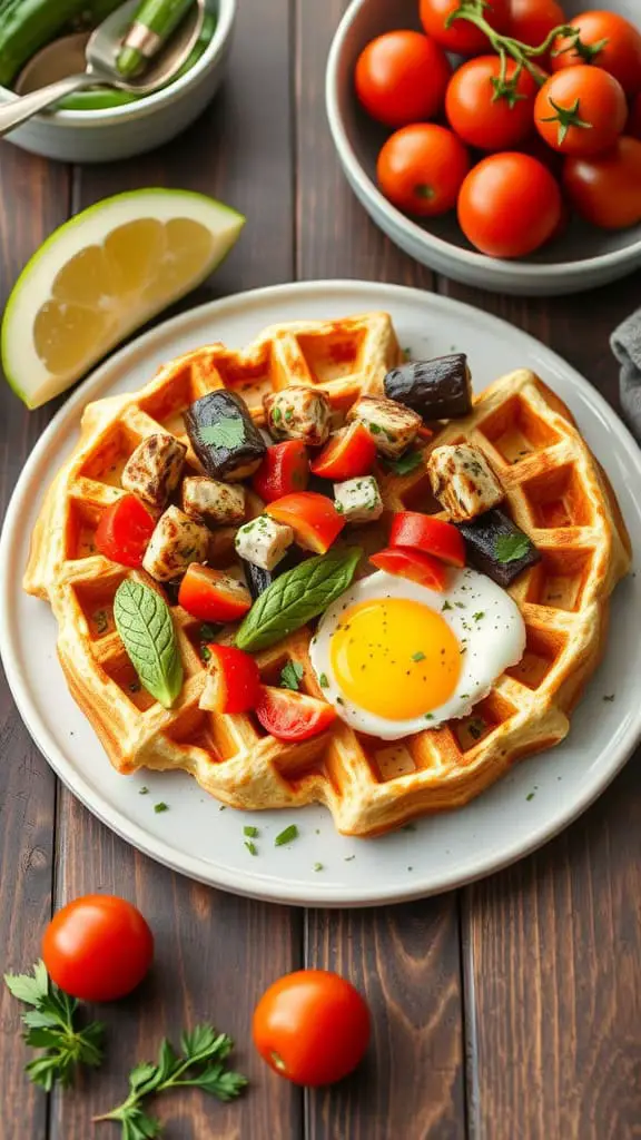 A plate of cottage cheese egg waffles topped with vegetables and a fried egg, with cherry tomatoes on the side.