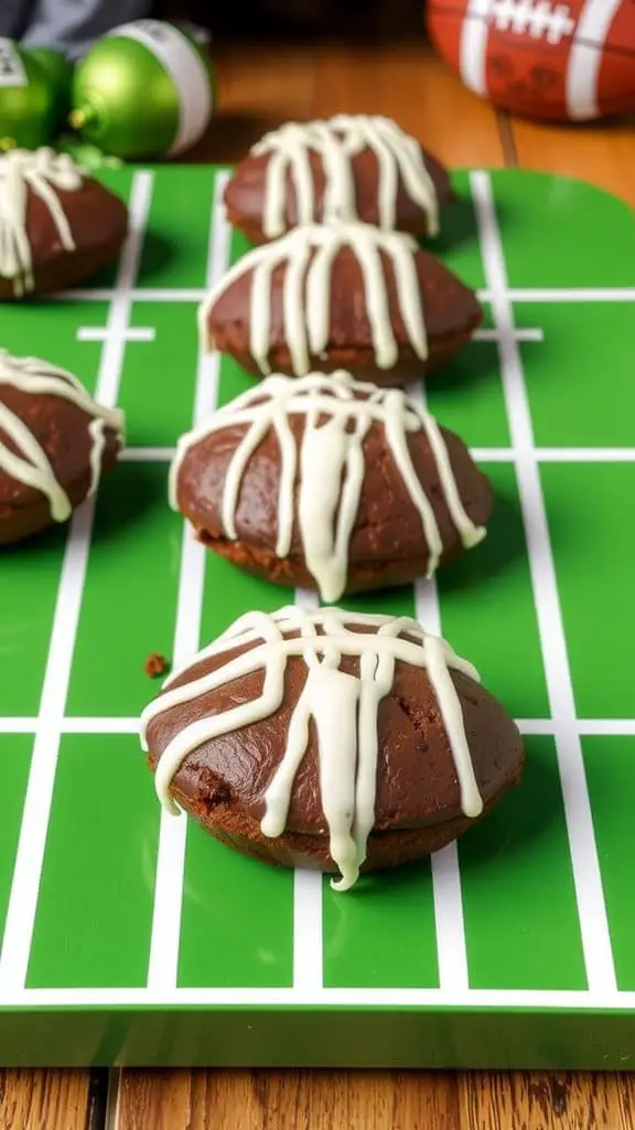 Brownie footballs decorated with icing on a green plate