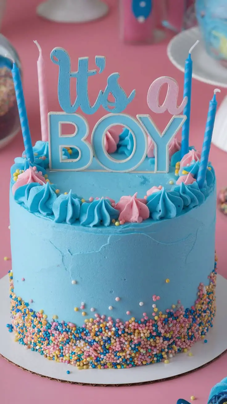 A blue baby shower cake with sprinkles and a sign that says 'It's a BOY'