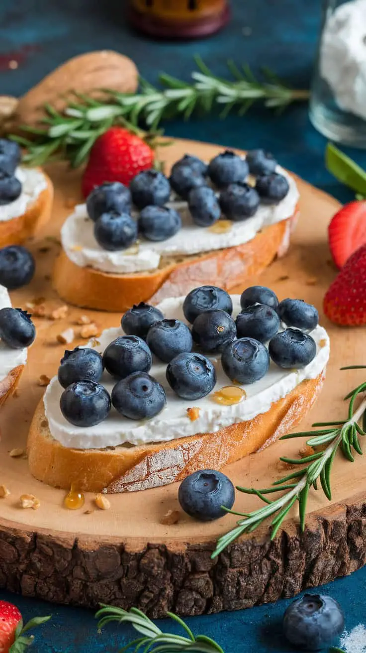 Blueberry and Goat Cheese Bruschetta on a wooden platter with strawberries and rosemary.