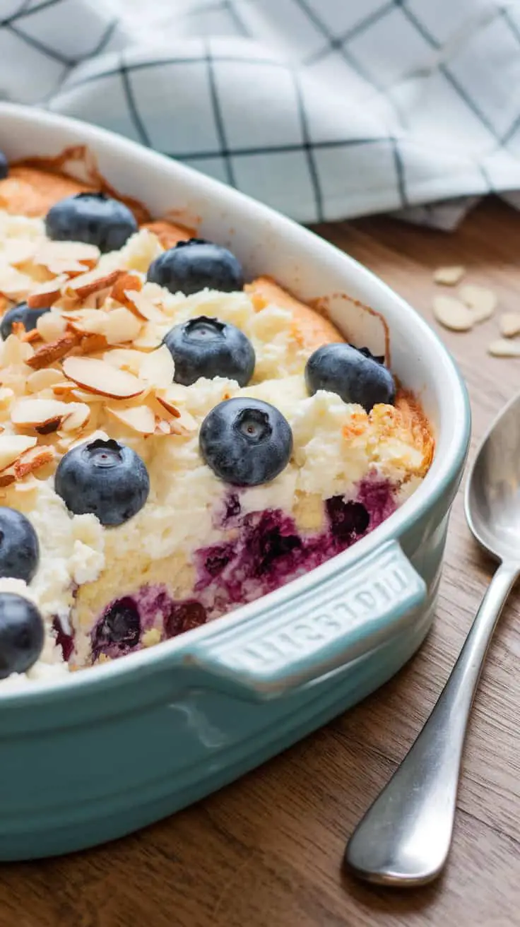 A blueberry breakfast bake in a light blue dish, topped with blueberries and sliced almonds.