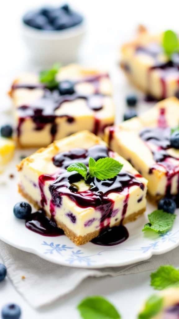 Delicious blueberry cheesecake bars with a glossy blueberry sauce and fresh blueberries on a plate.