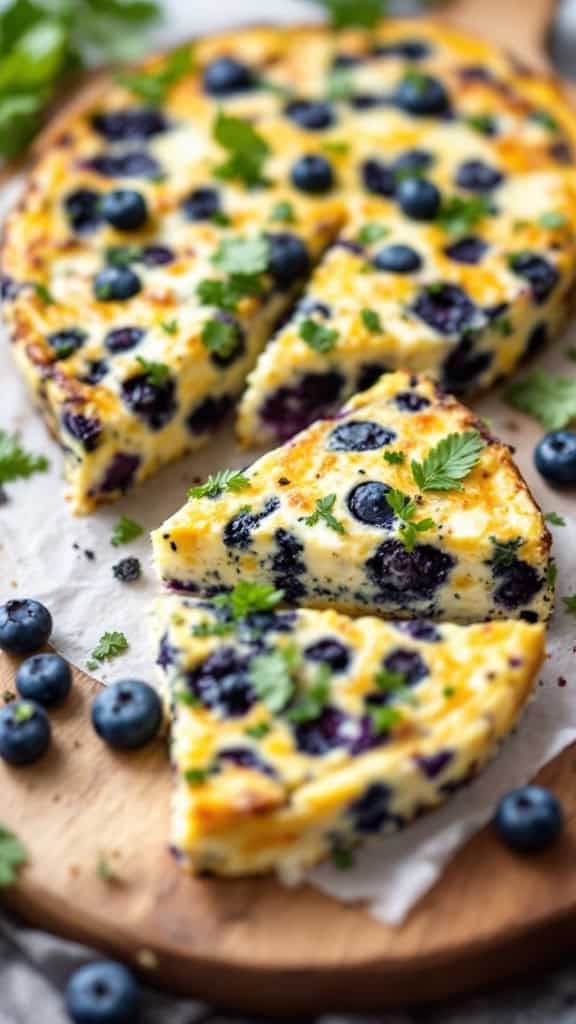 A sliced blueberry cottage cheese frittata on a wooden board, garnished with fresh parsley and surrounded by blueberries.