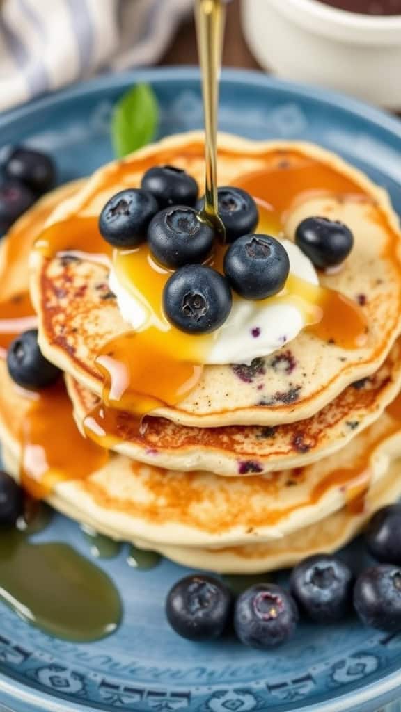 Fluffy blueberry cottage cheese pancakes drizzled with syrup and topped with fresh blueberries.